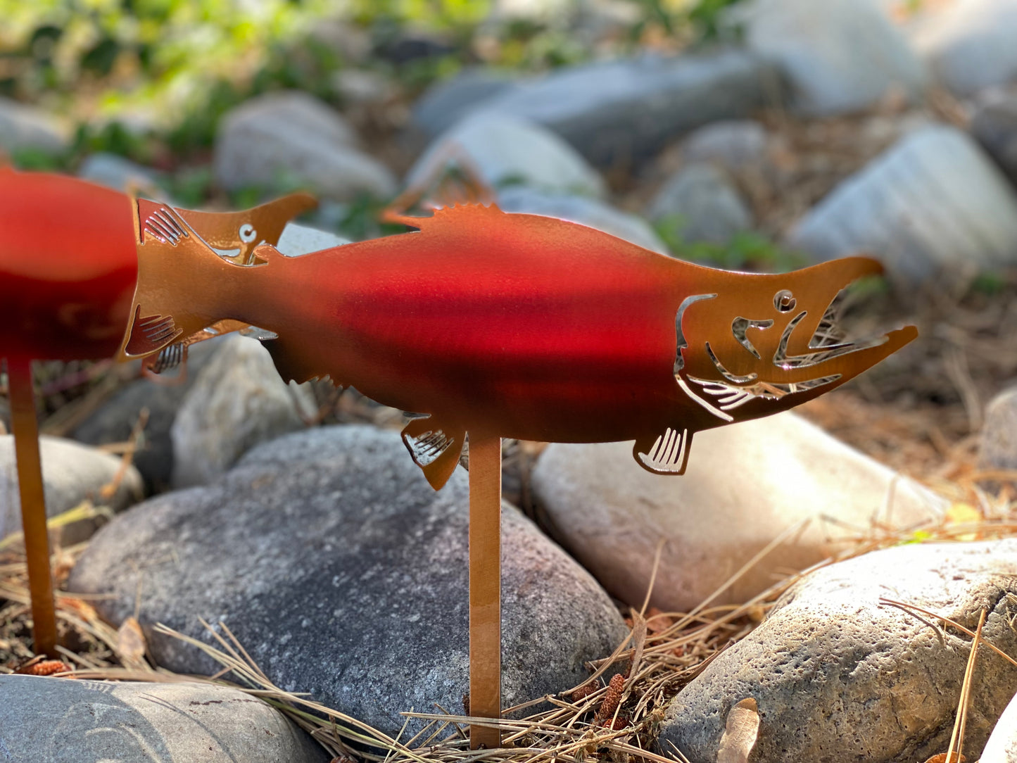Metal Coho Salmon Garden Stakes – Durable Outdoor Fish Art - RMMDecor