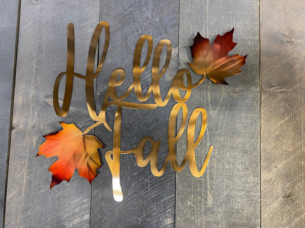 Metal Hello Fall Sign with Maple Leaves - Autumn Wall Decor - USA Made