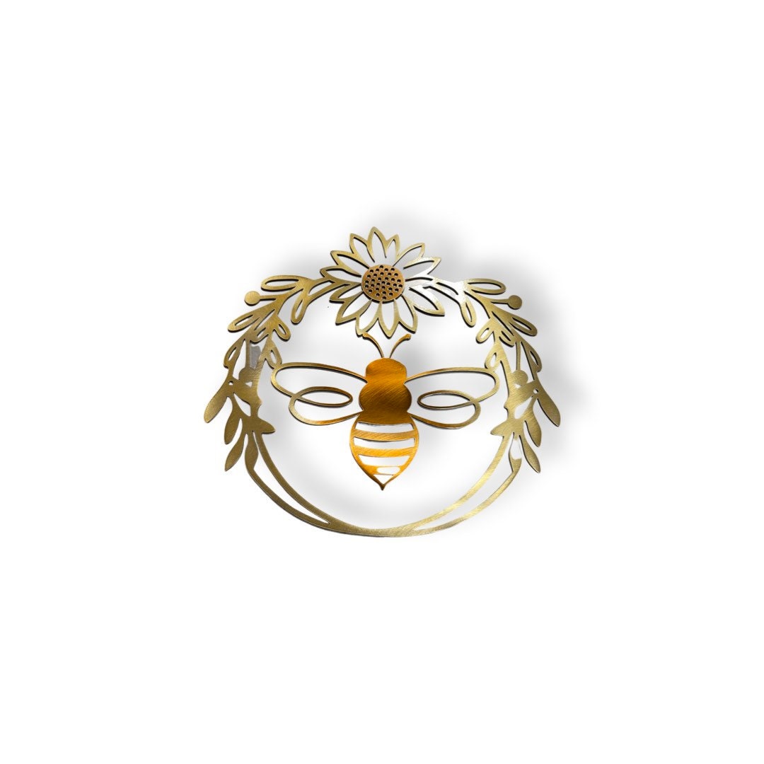 Rustic metal wall art featuring a honey bee and sunflower design with copper and gold ombré powder-coated finish.