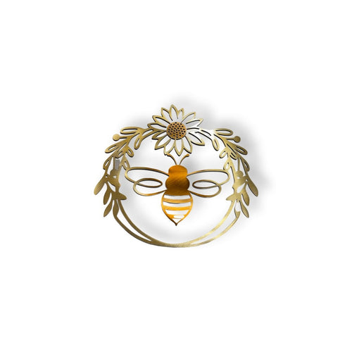 Rustic metal wall art featuring a honey bee and sunflower design with copper and gold ombré powder-coated finish.