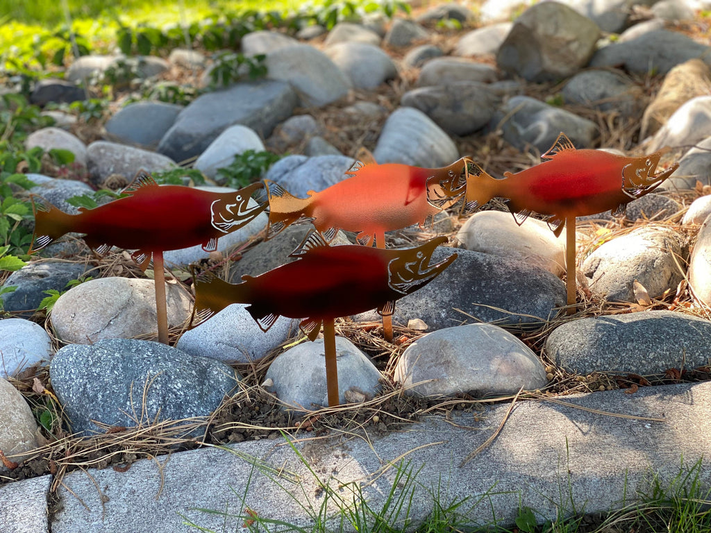 Sockeye Salmon Rock Bed Decor Set Of 4 - Metal Garden Stakes