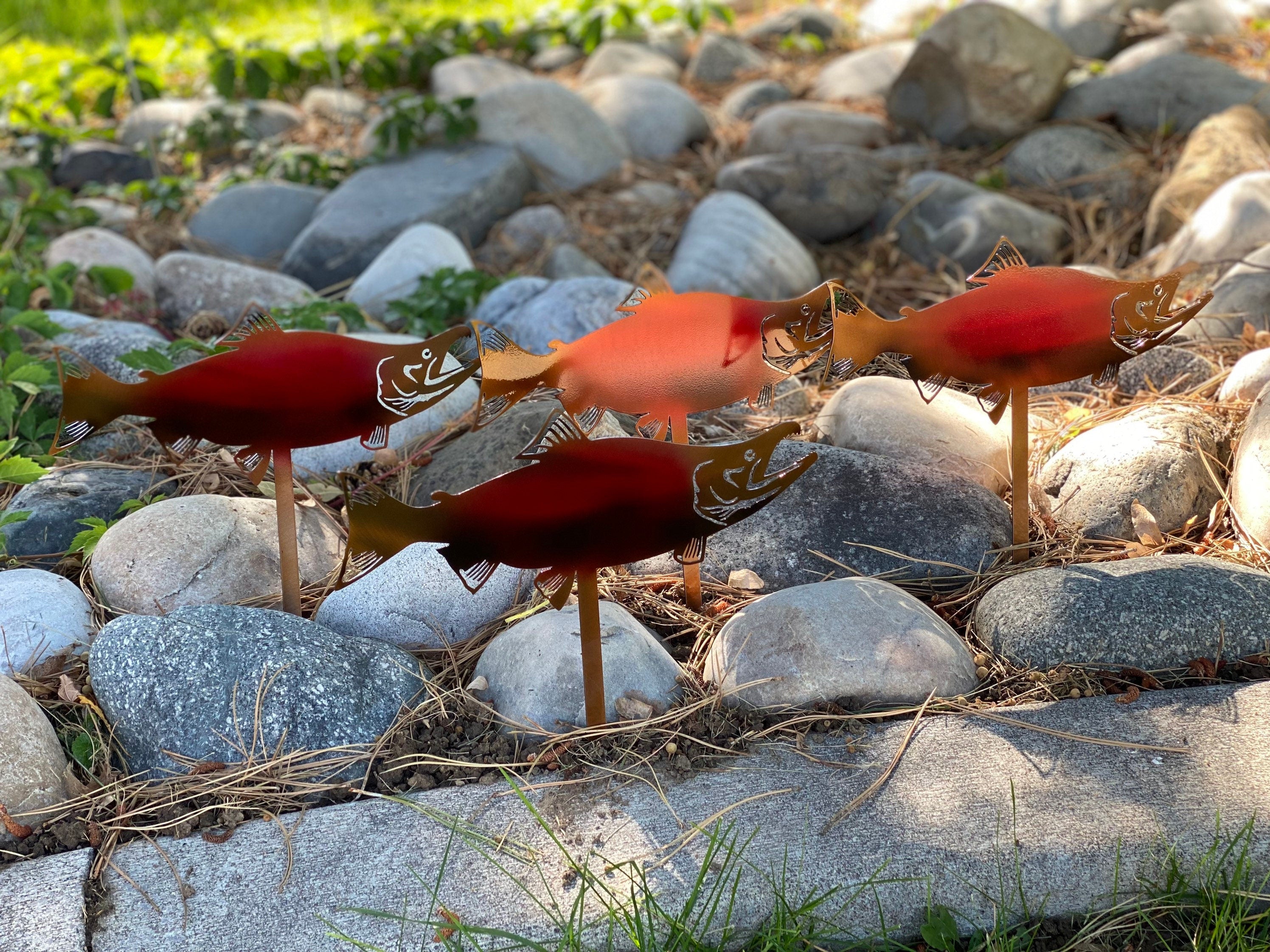 Sockeye Salmon Rock Bed Decor Set Of 4 - Metal Garden Stakes