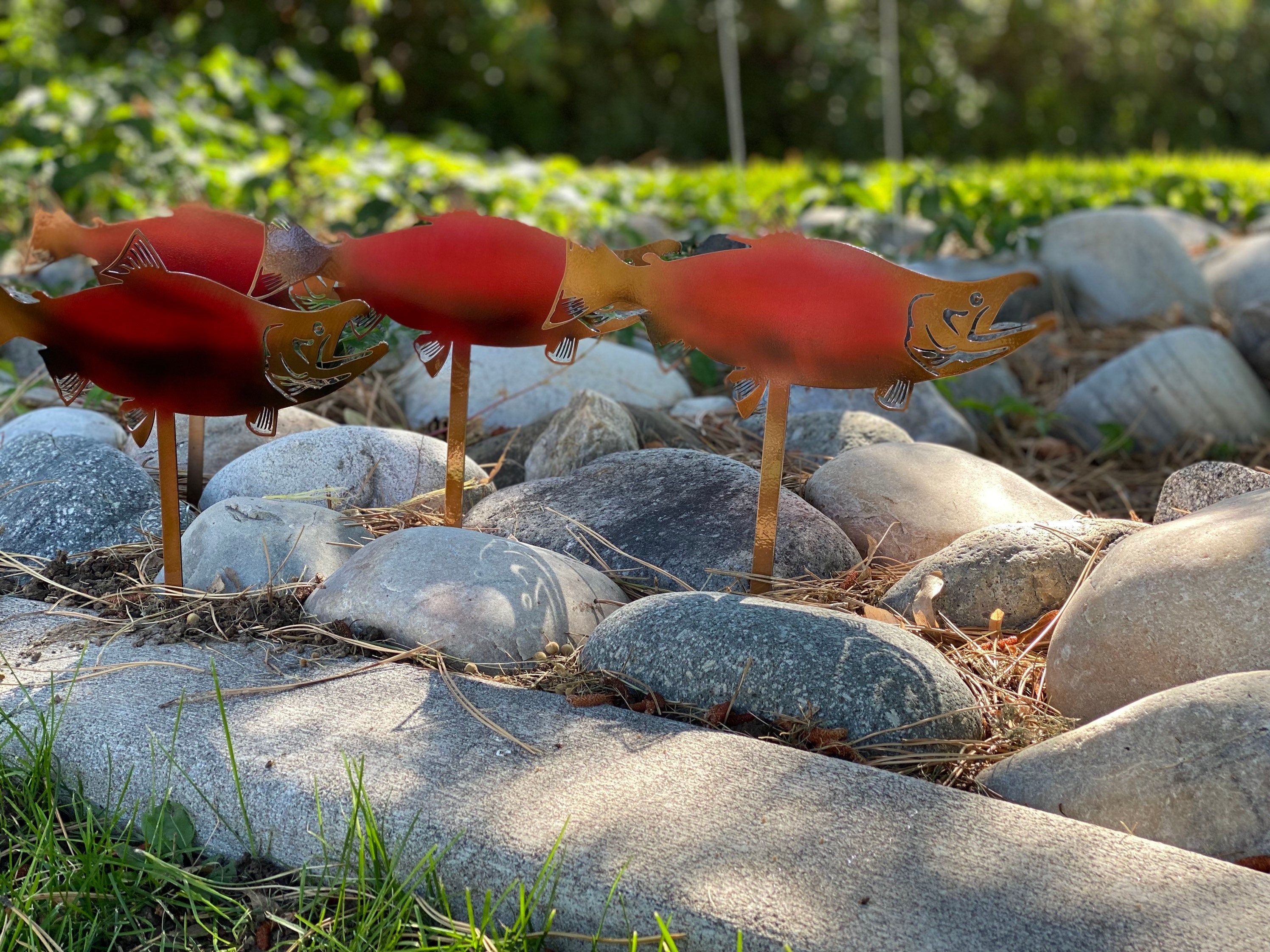 Sockeye Salmon Rock Bed Decor Set Of 4 - Metal Garden Stakes