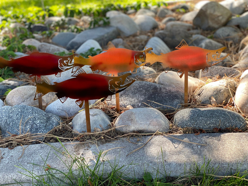 Sockeye Salmon Rock Bed Decor Set Of 4 - Metal Garden Stakes