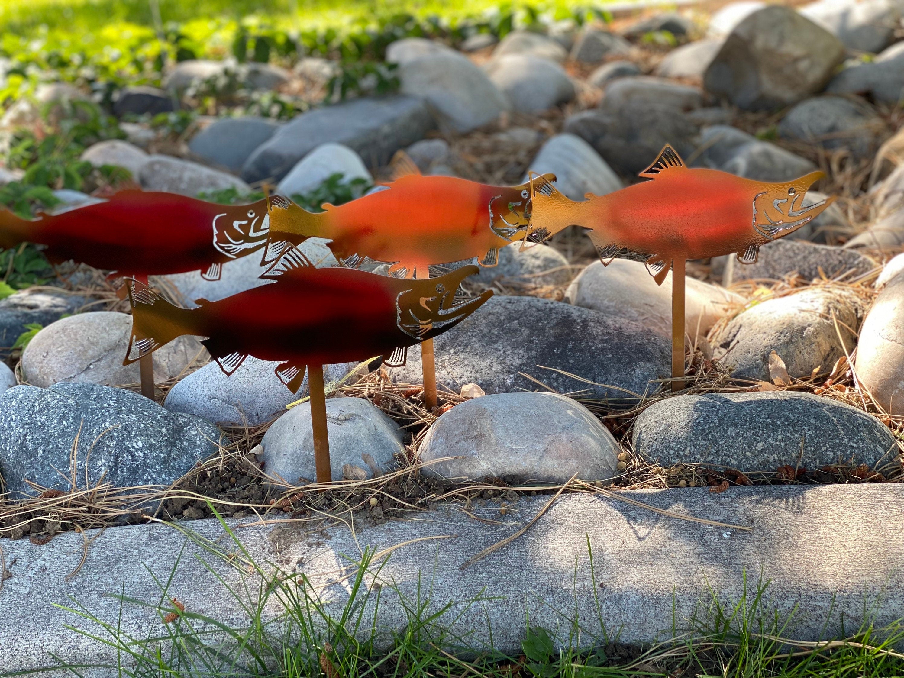 Sockeye Salmon Rock Bed Decor Set Of 4 - Metal Garden Stakes