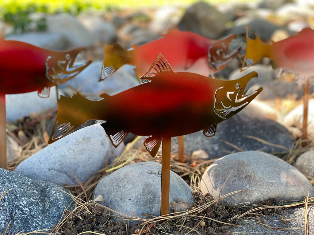 Sockeye Salmon Rock Bed Decor Set Of 4 - Metal Garden Stakes
