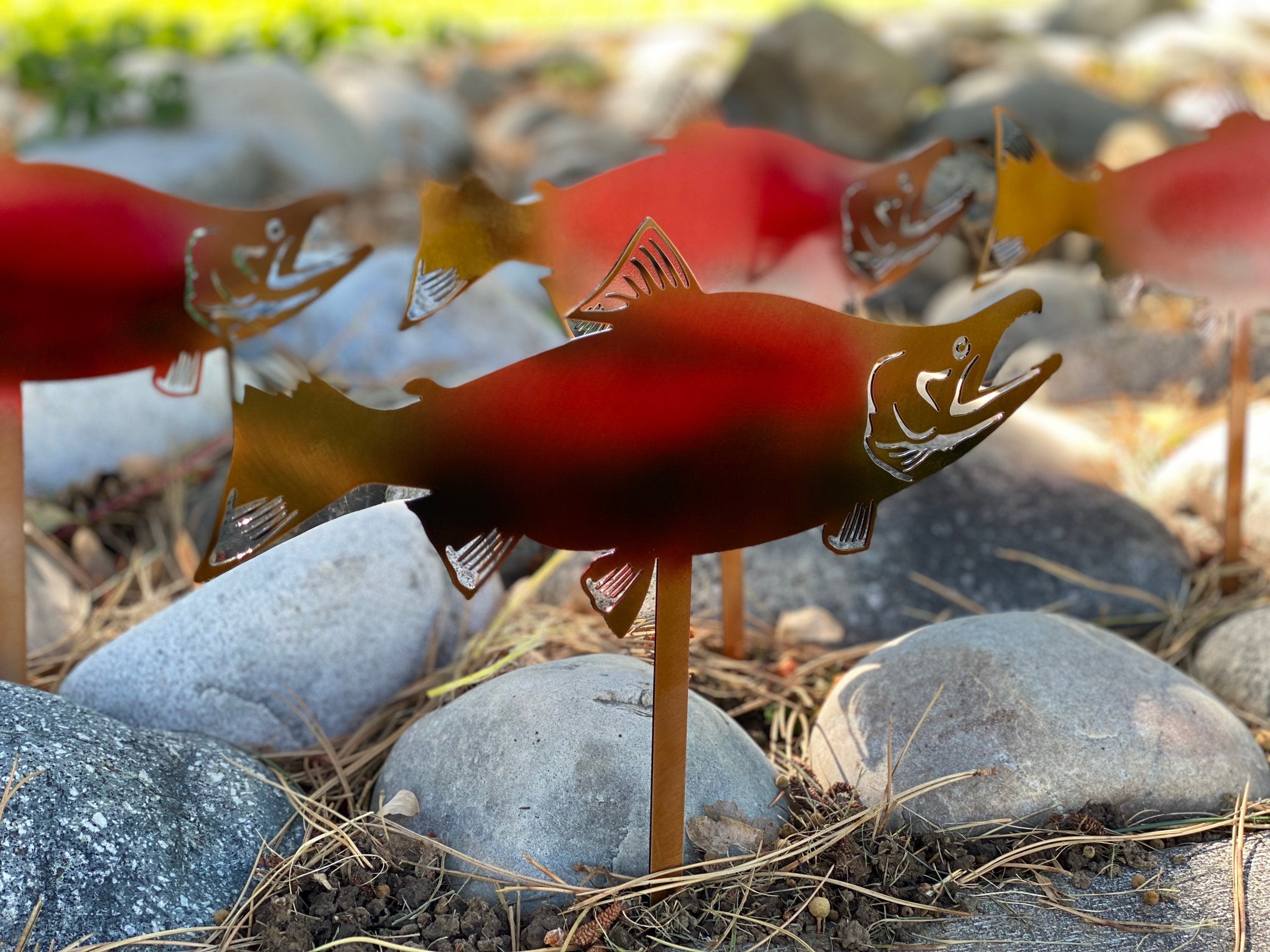 Sockeye Salmon Rock Bed Decor Set Of 4 - Metal Garden Stakes