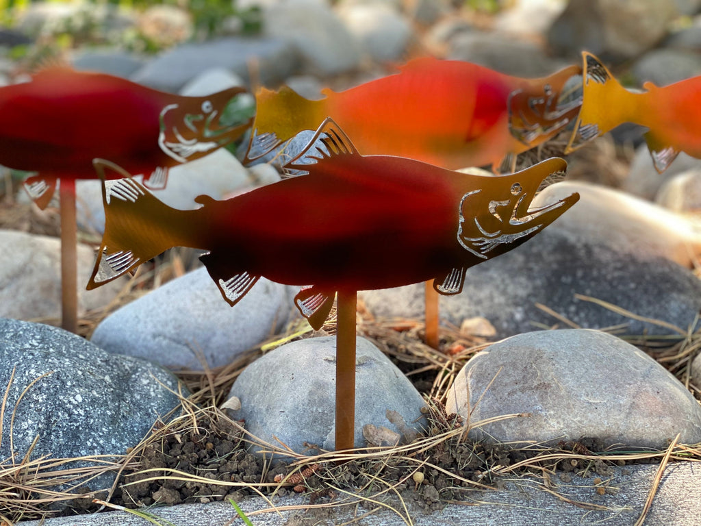 Sockeye Salmon Rock Bed Decor Set Of 4 - Metal Garden Stakes