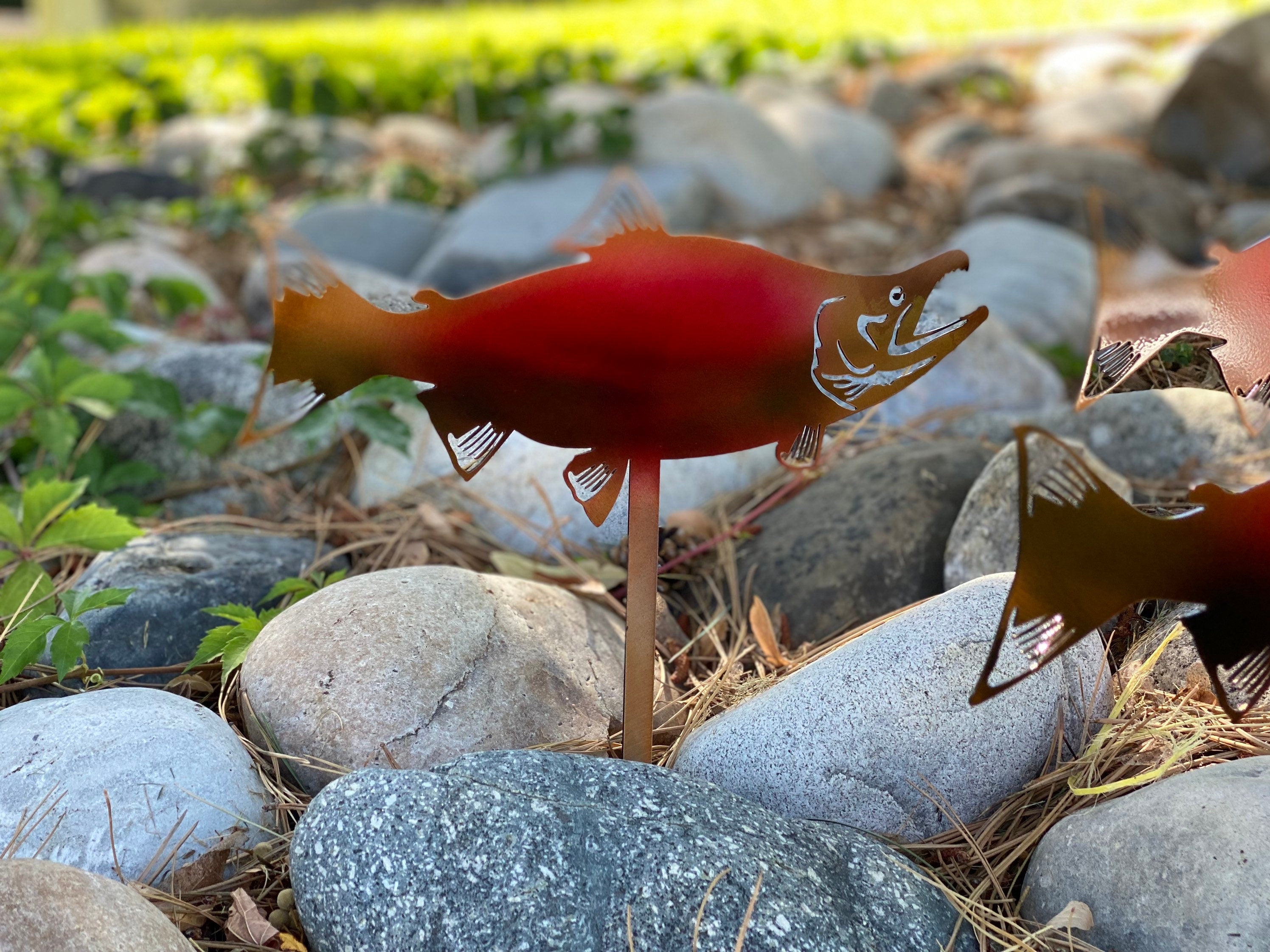 Sockeye Salmon Rock Bed Decor Set Of 4 - Metal Garden Stakes