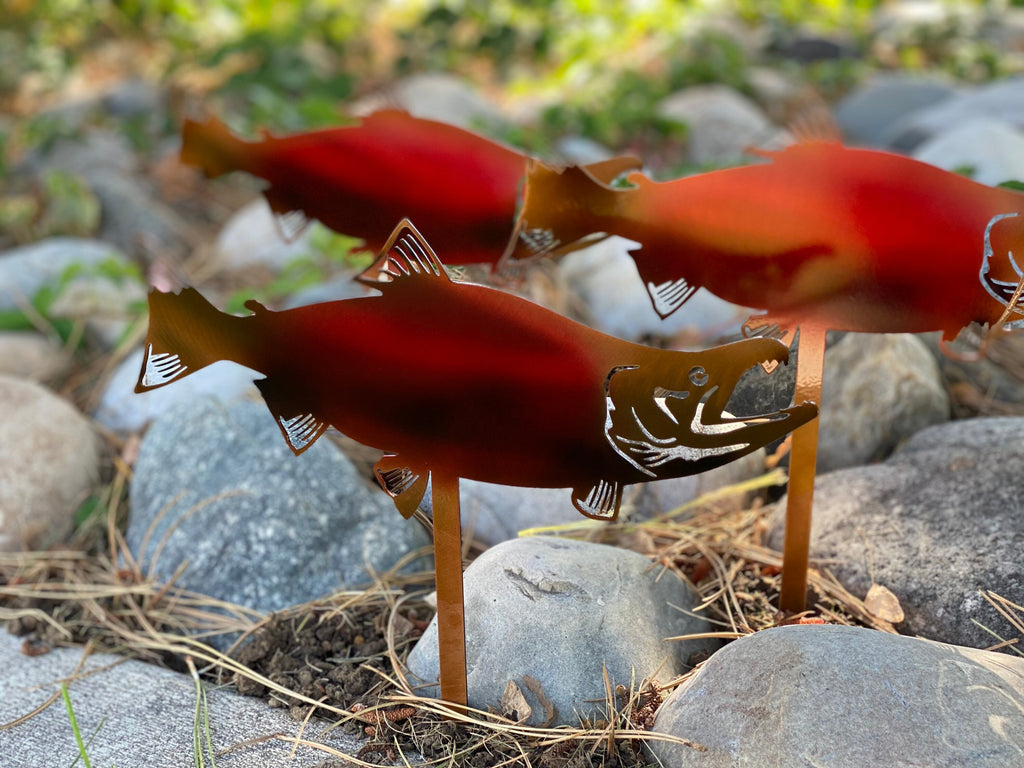 Sockeye Salmon Rock Bed Decor Set Of 4 - Metal Garden Stakes