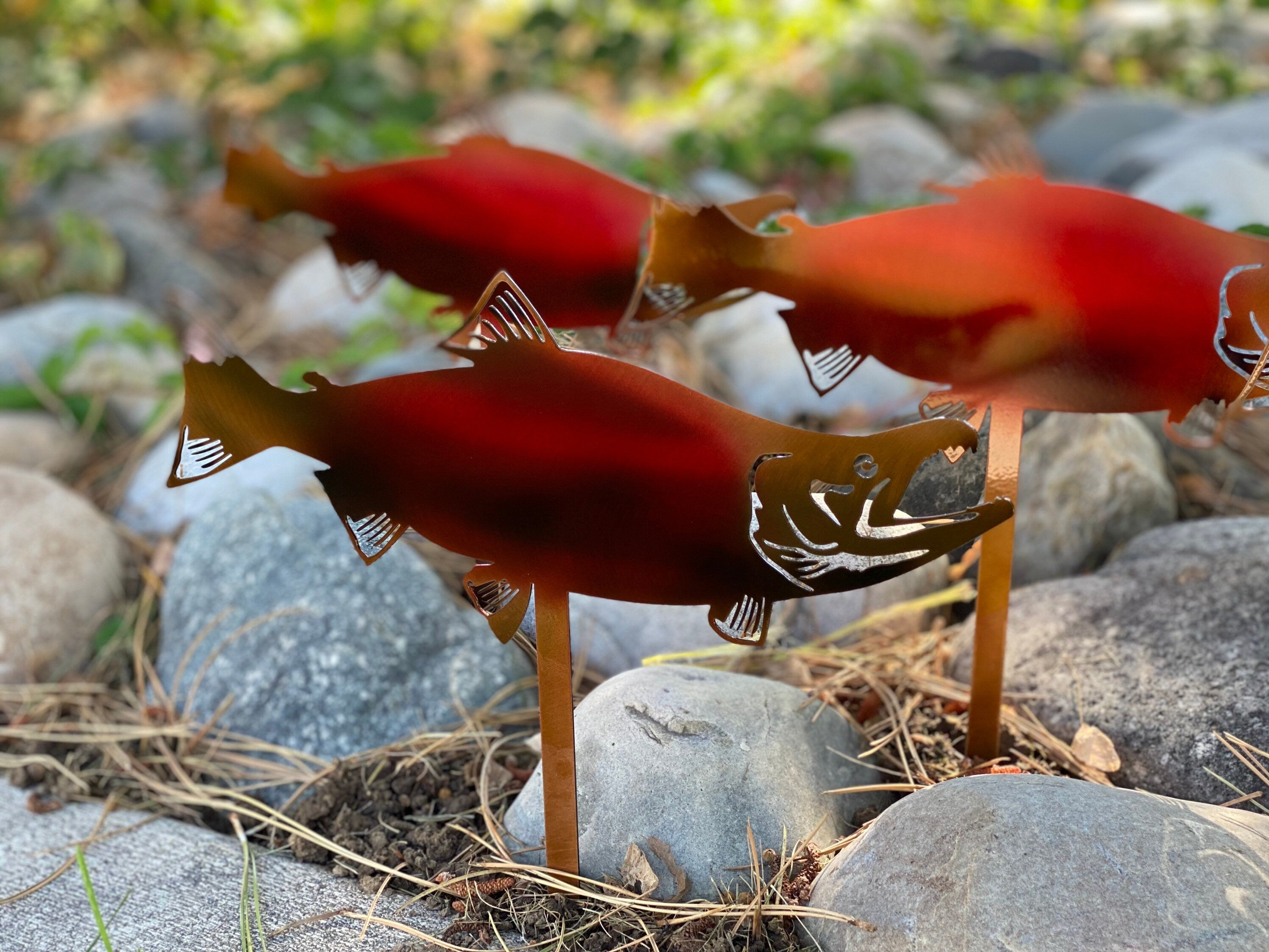 Sockeye Salmon Rock Bed Decor Set Of 4 - Metal Garden Stakes