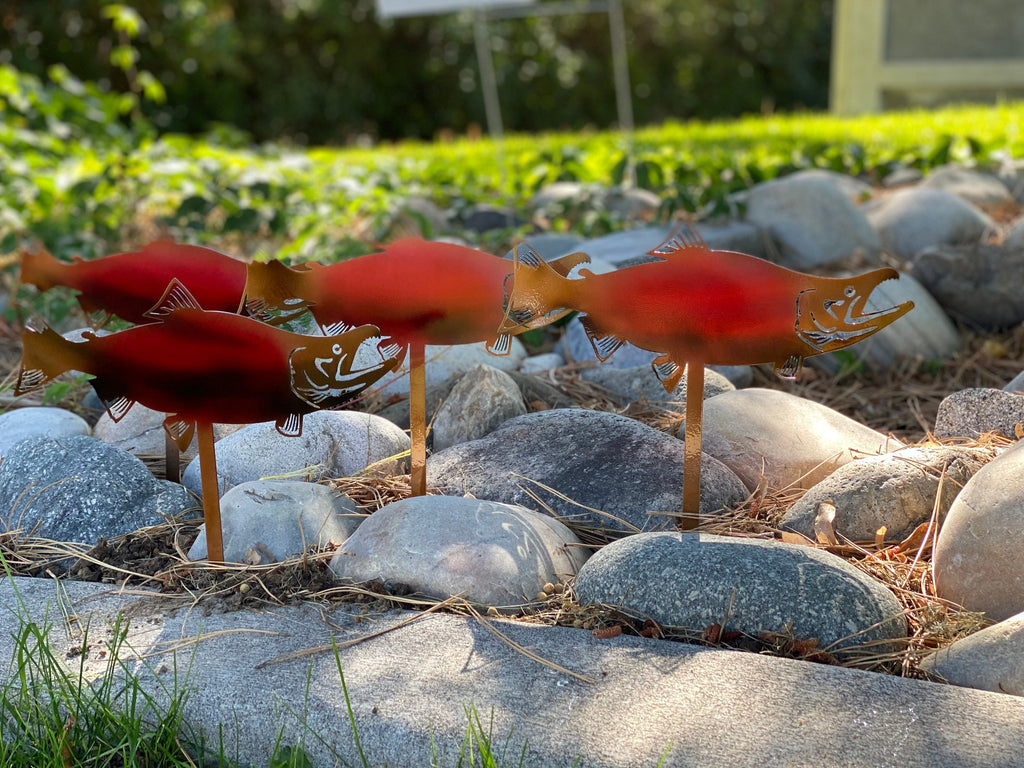 Sockeye Salmon Rock Bed Decor Set Of 4 - Metal Garden Stakes