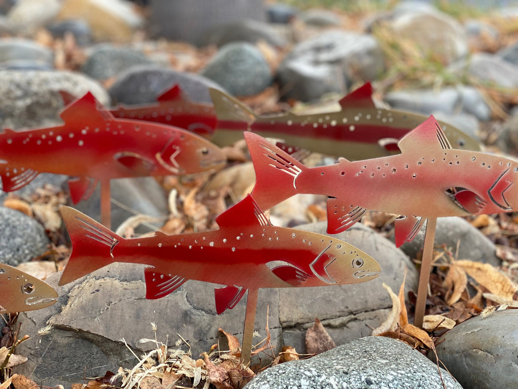 Golden Rainbow Trout Garden Stake | Powder-Coated Metal River Rock Dec