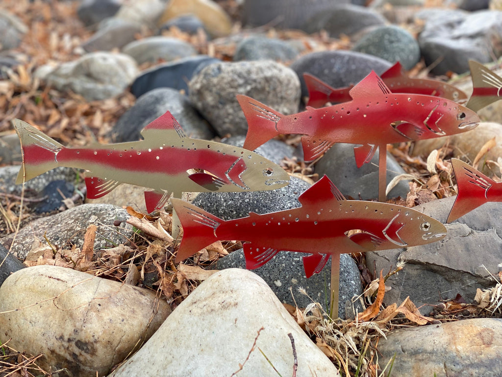 Golden Rainbow Trout Garden Stake | Powder-Coated Metal River Rock Dec