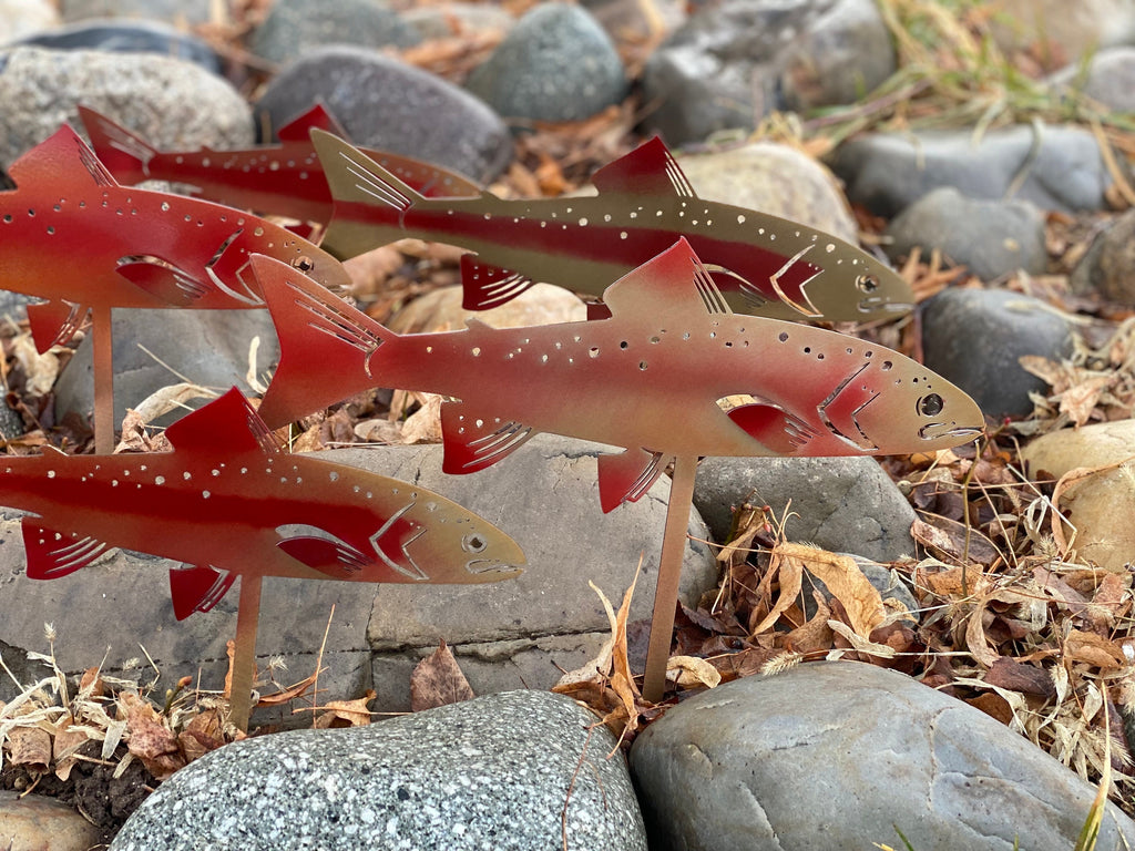 Golden Rainbow Trout Garden Stake | Powder-Coated Metal River Rock Dec