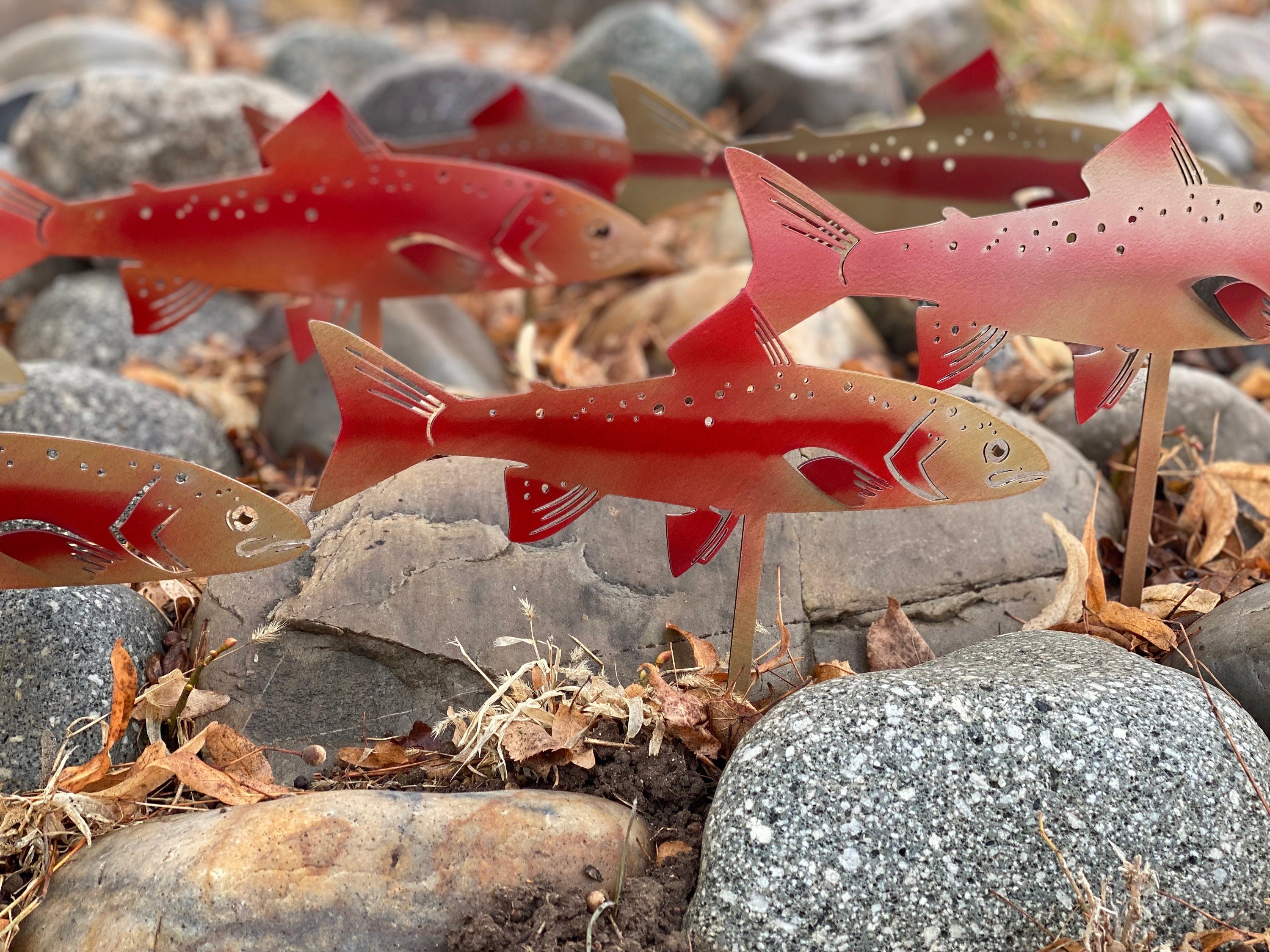 Golden Rainbow Trout Garden Stake | Powder-Coated Metal River Rock Dec