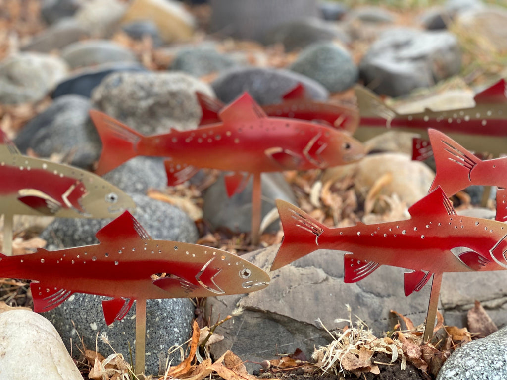 Golden Rainbow Trout Garden Stake | Powder-Coated Metal River Rock Dec