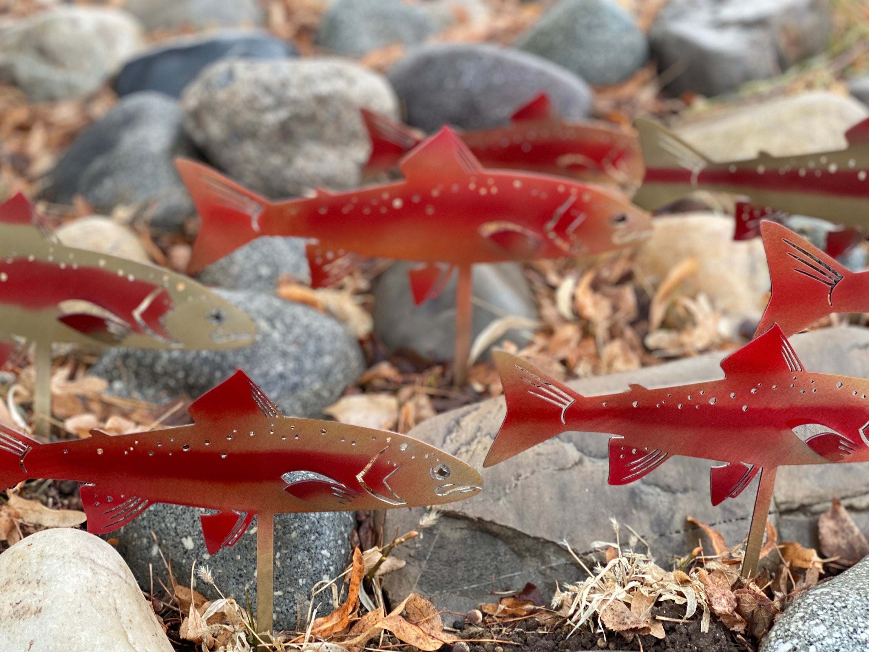 Golden Rainbow Trout Garden Stake | Powder-Coated Metal River Rock Dec