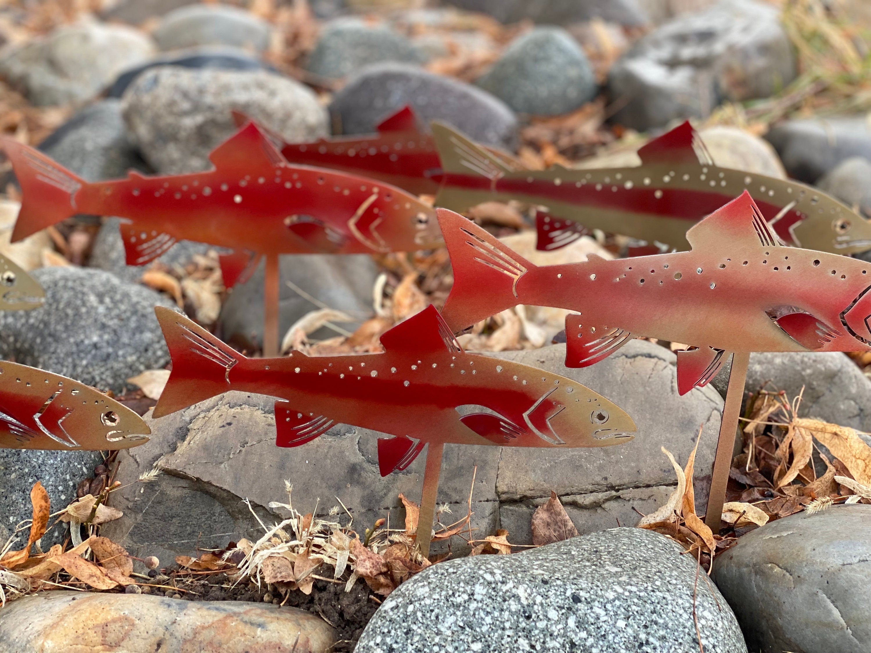 Golden Rainbow Trout Garden Stake | Powder-Coated Metal River Rock Dec