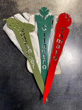Metal vegetable garden plant marker stake featuring laser-cut vegetable design with vertical plant name text in powder-coated steel finish
