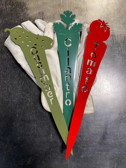 Metal vegetable garden plant marker stake featuring laser-cut vegetable design with vertical plant name text in powder-coated steel finish