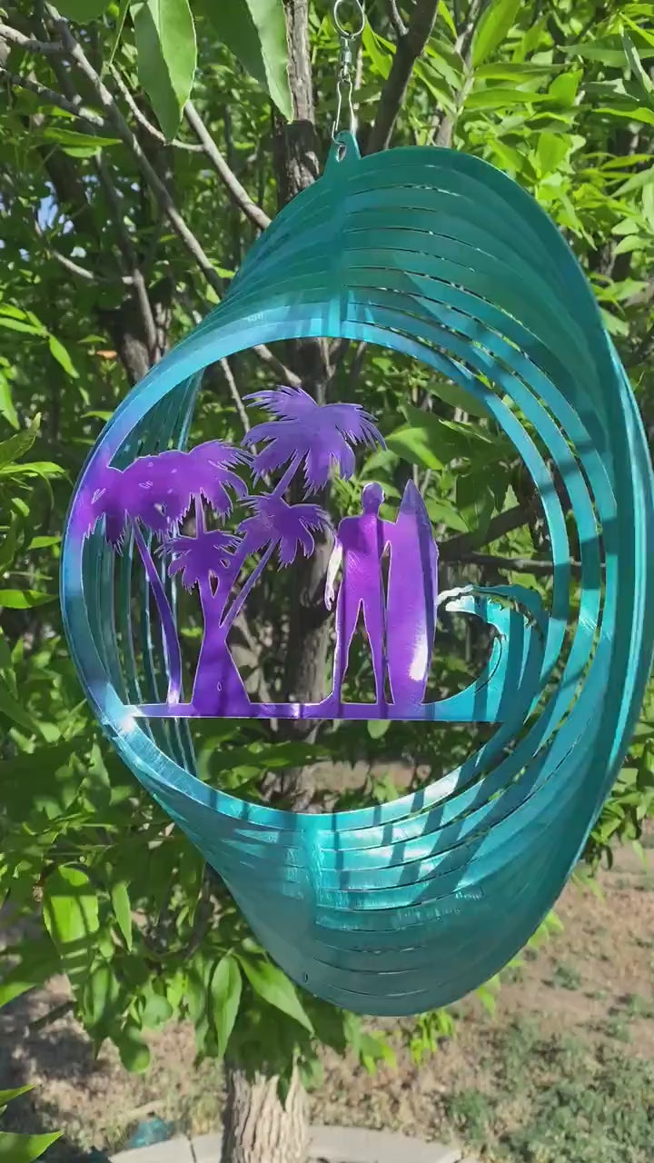 Metal Surfer Wind Spinner - Coastal Garden Decor - USA Made
