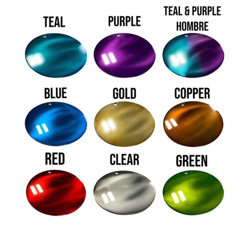 Color swatches labeled with names including Teal, Purple, Teal & Purple, Blue, Gold, Copper, Red, Clear, and Green on a white background.