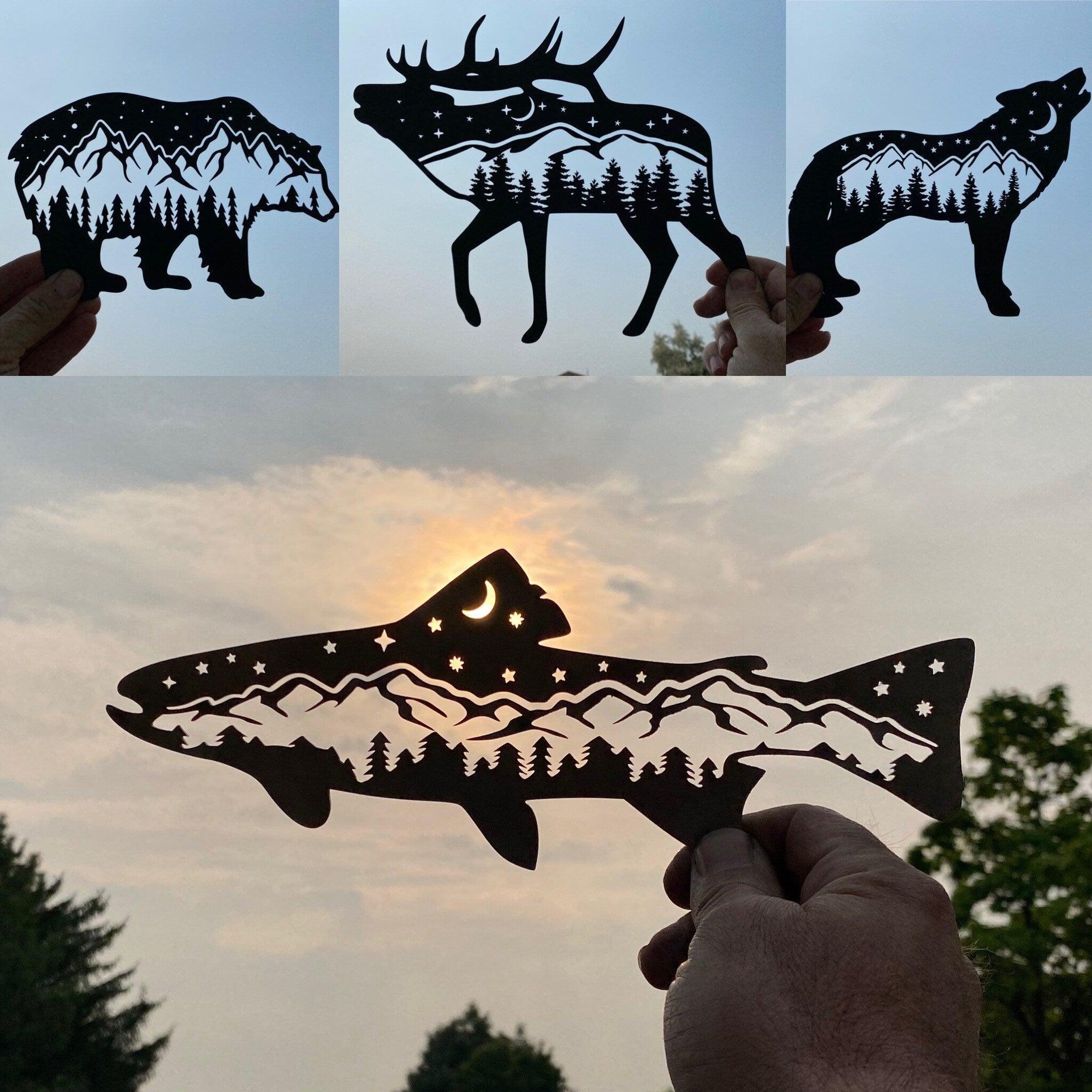 Rustic Metal Wall Art Bundle – Bear, Elk, Wolf & Trout Decor - RMMDecor