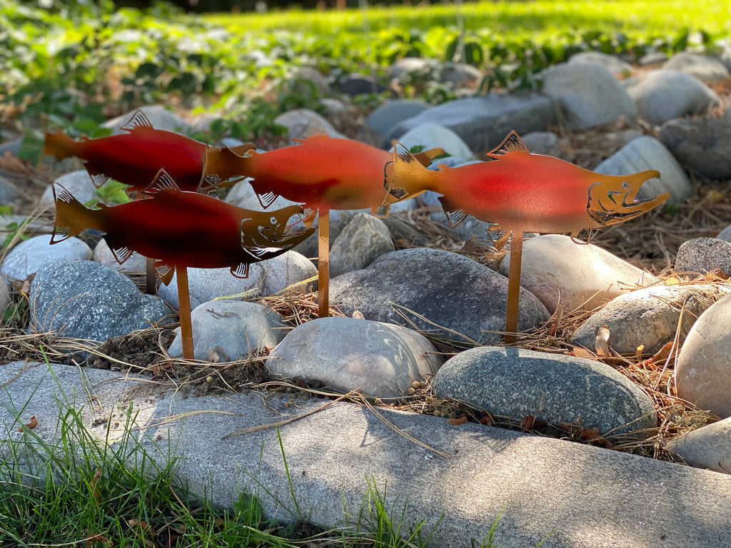Metal Coho Salmon Garden Stakes – Durable Outdoor Fish Art - RMMDecor